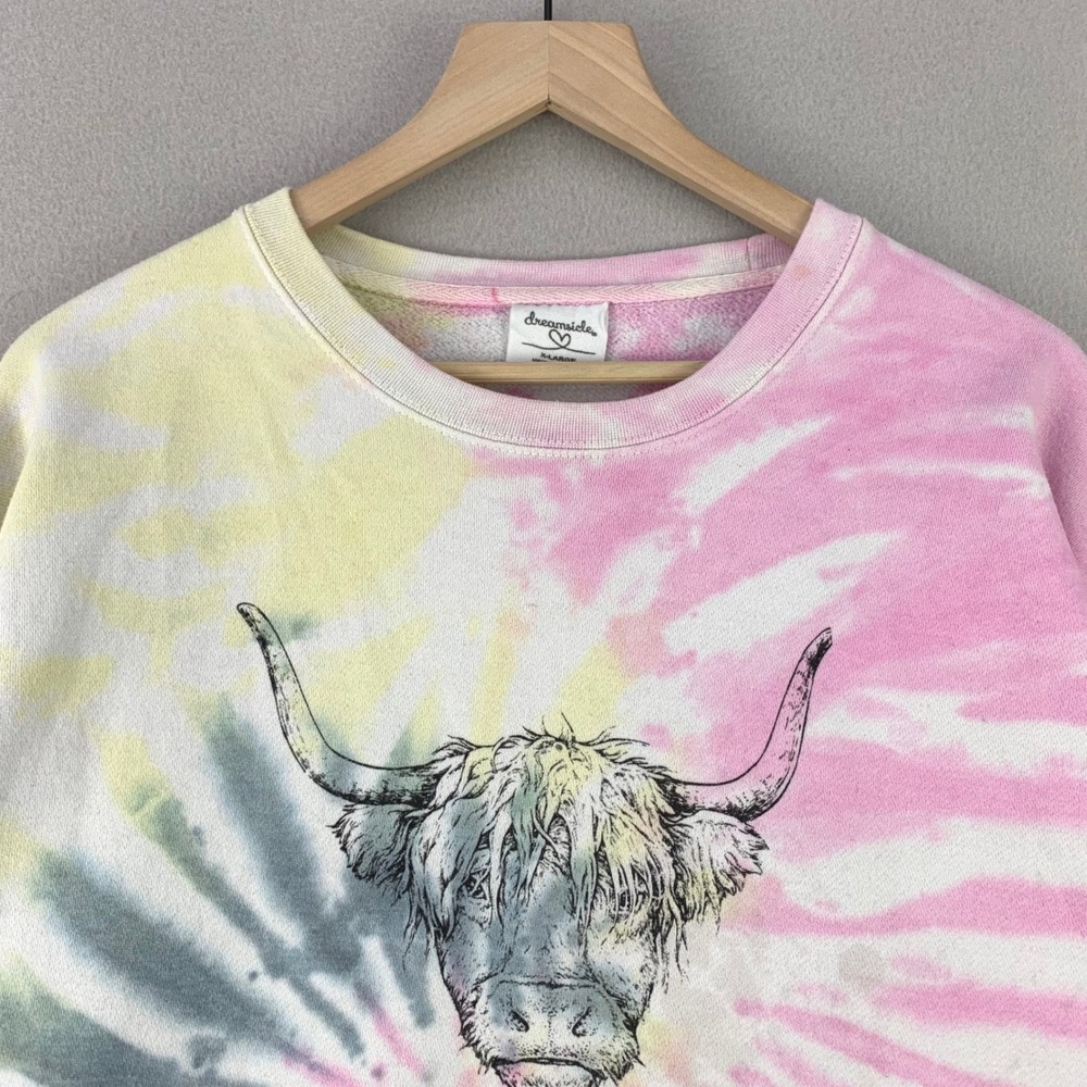 Dreamside Highland Cow Sweatshirt Women XL Tie Dye Graphic Pullover Lounge